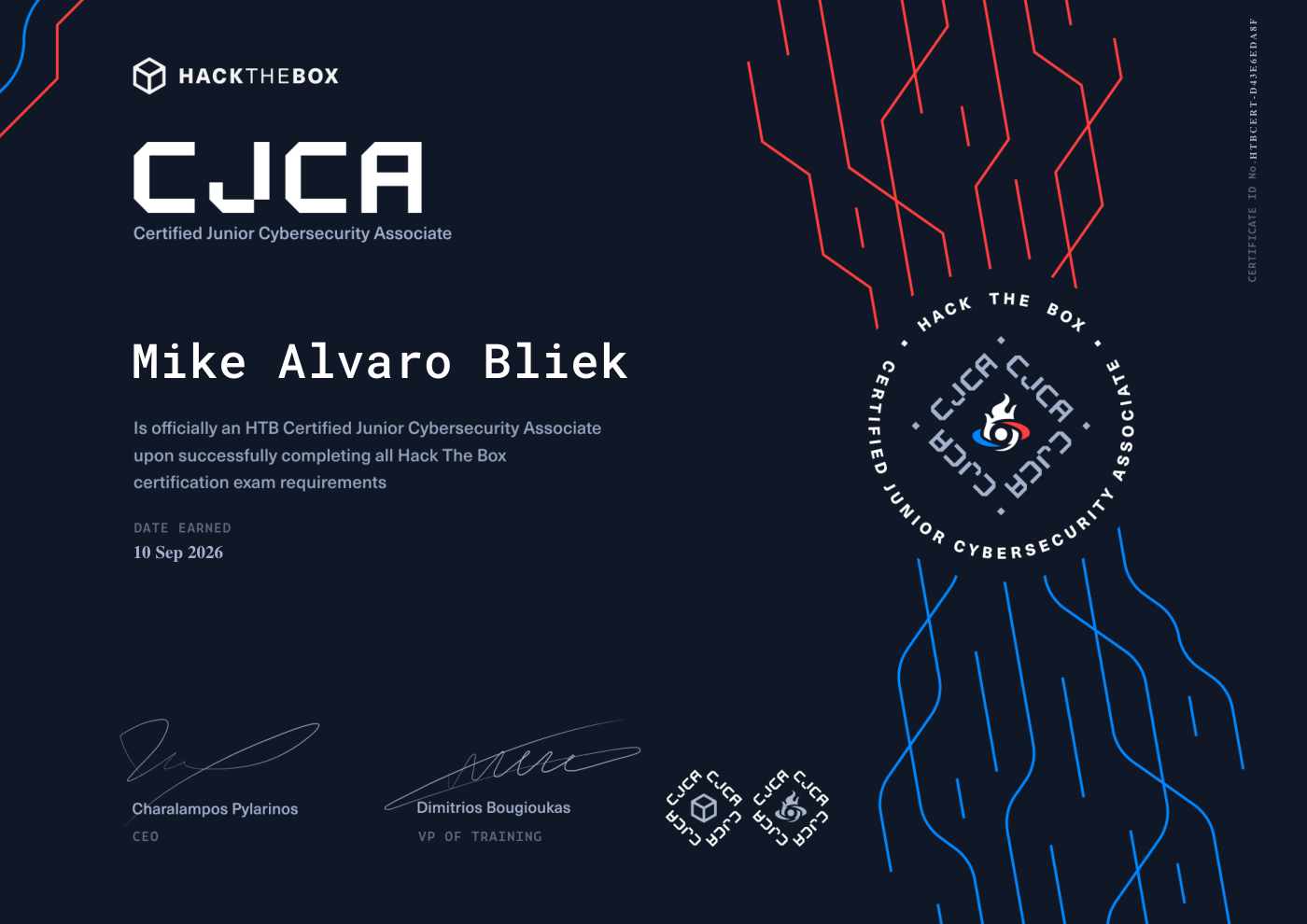 HTB Certified Junior Cybersecurity Associate certificate awarded to Mike Alvaro Bliek on 10 September 2026