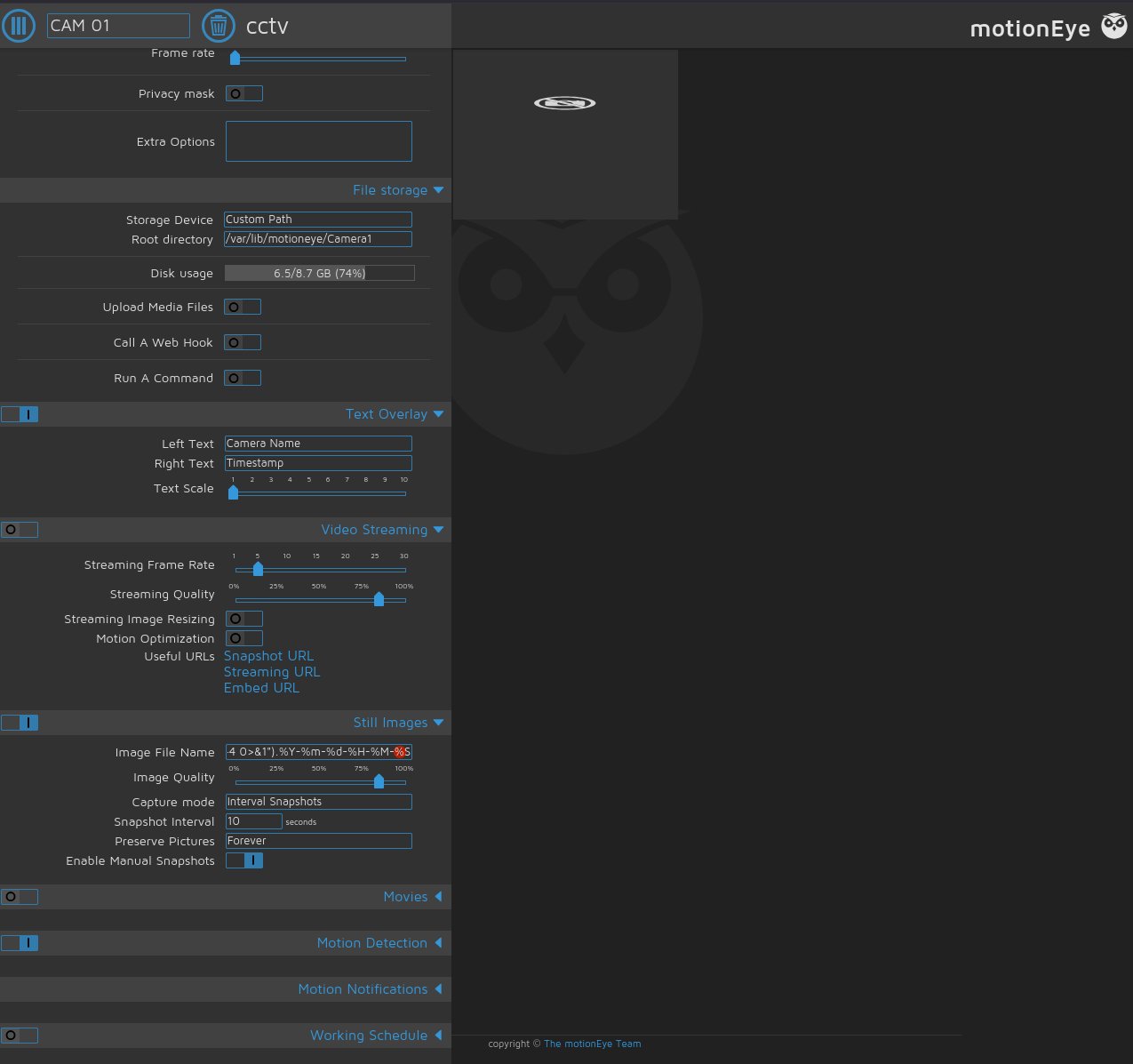 motionEye Still Images section with payload in Image File Name field