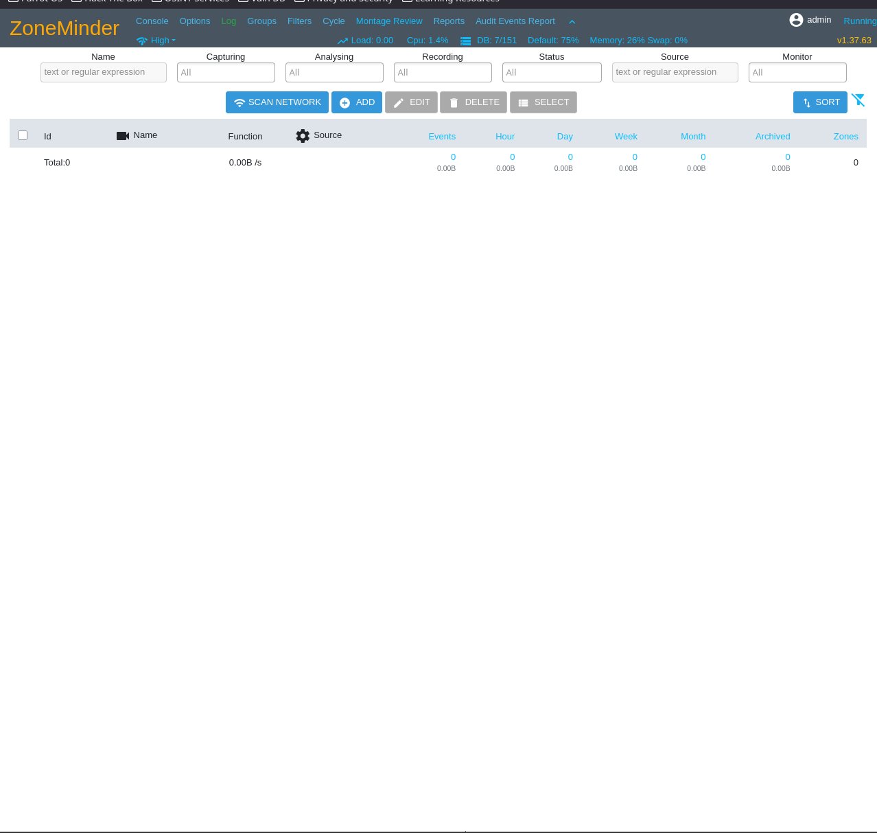 ZoneMinder console showing v1.37.63