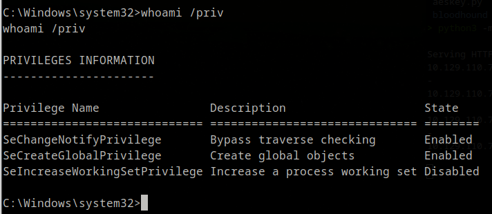 whoami /priv — limited privileges