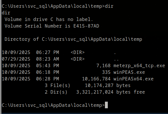 Confirming winPEAS is in temp folder
