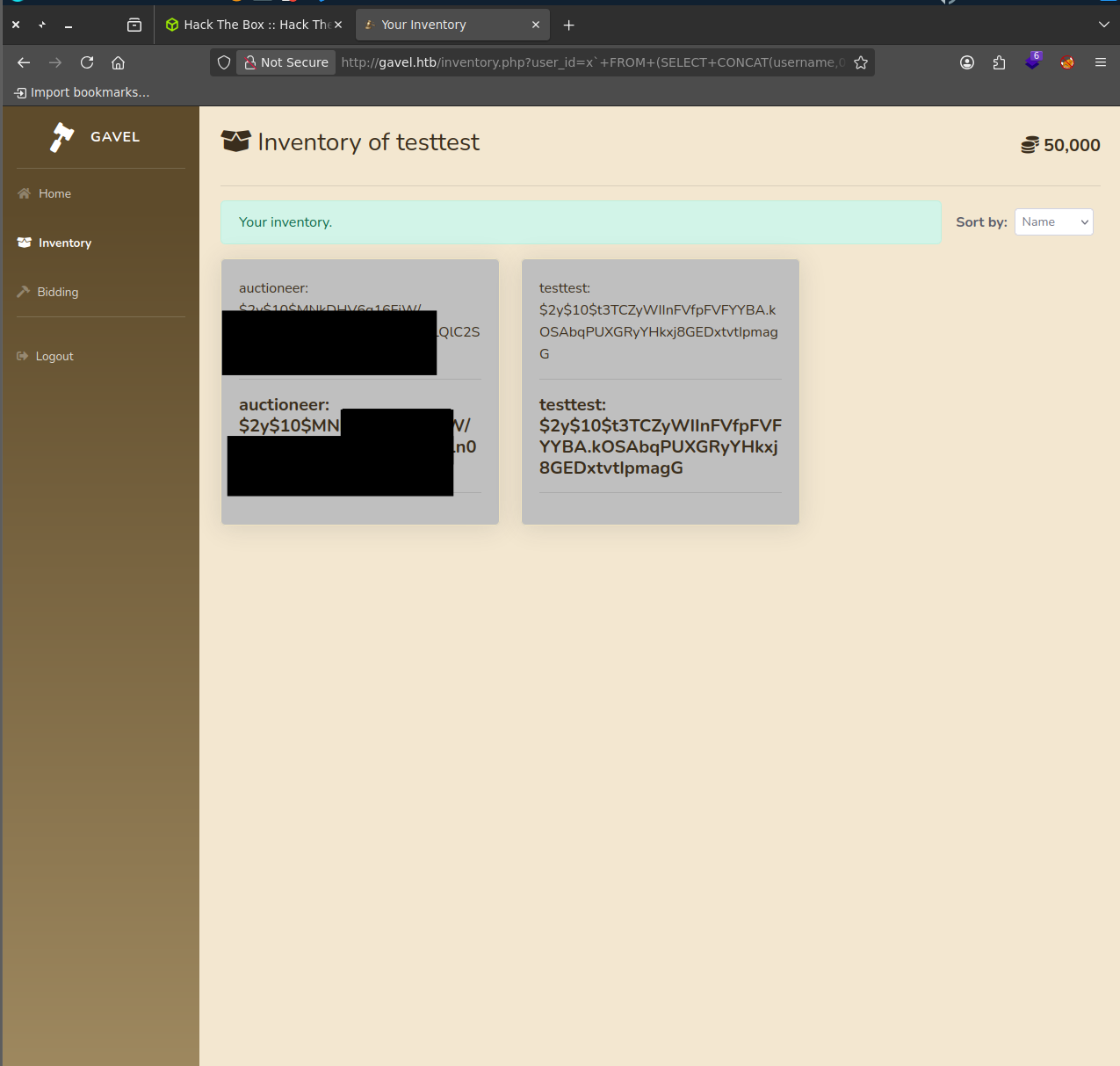 SQLi successful — auctioneer hash dumped
