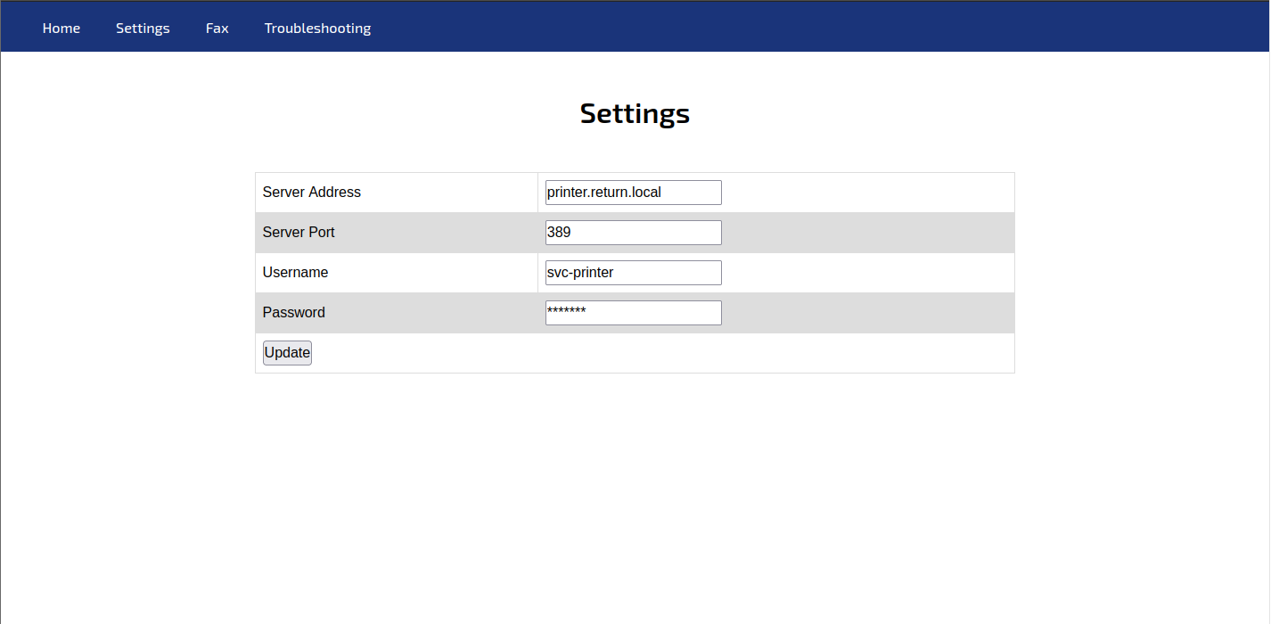 Printer settings showing svc-printer and LDAP port 389