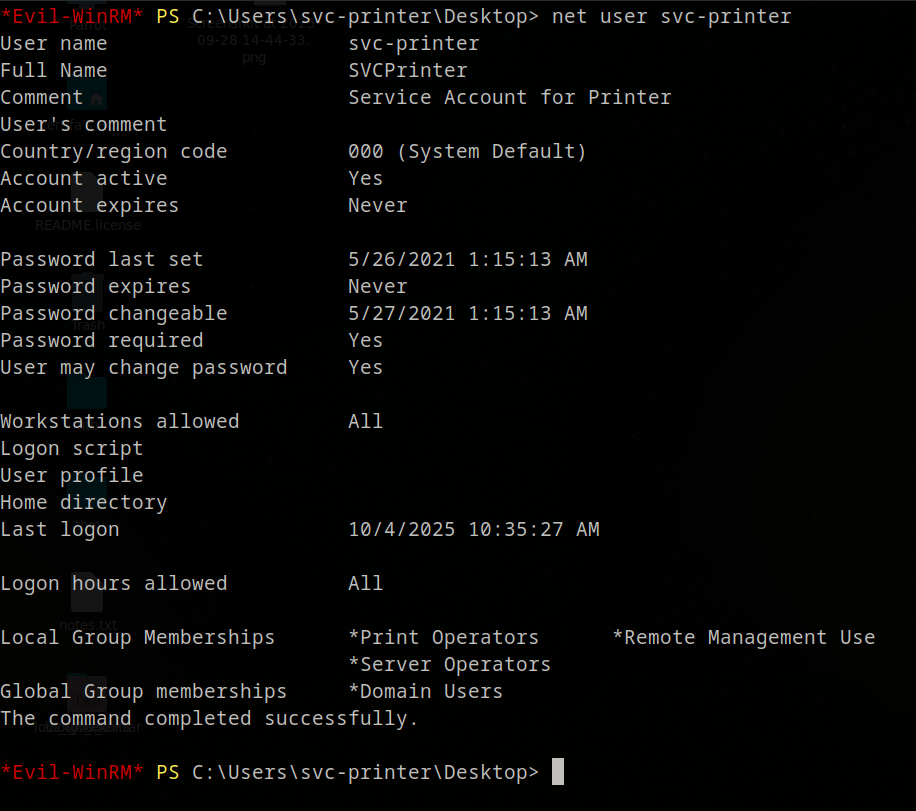 net user output showing Server Operators group
